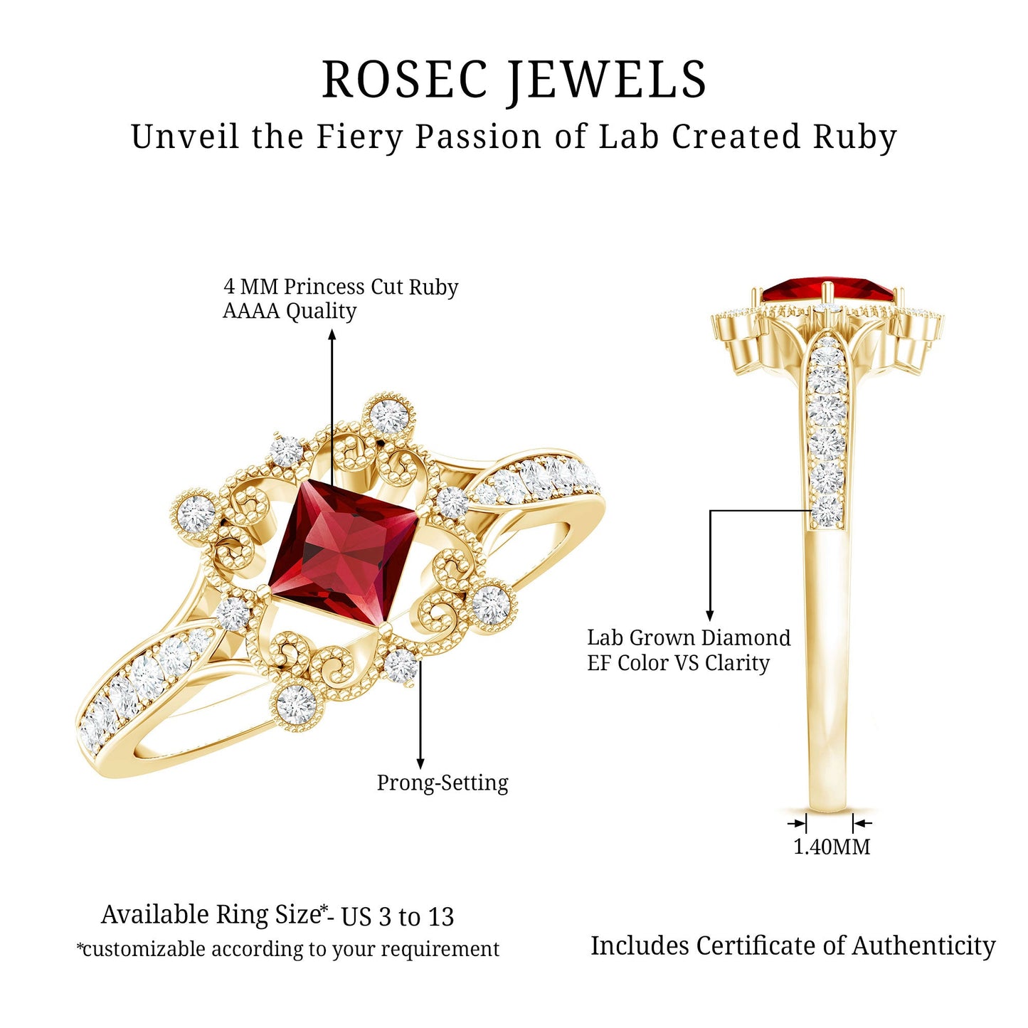 Certified Lab Grown Ruby Diamond Retro Engagement Ring