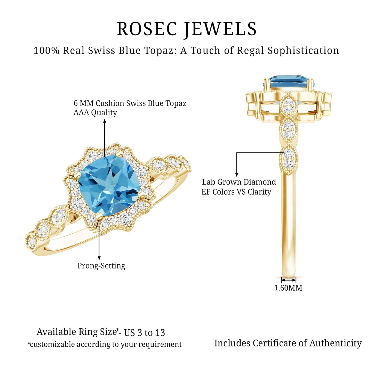 Vintage Looking Swiss Blue Topaz Diamond Engagement Ring in Silver