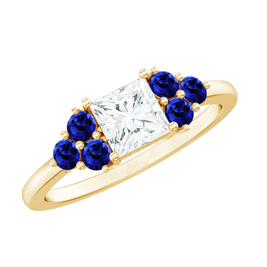 Moissanite Princess Cut Engagement Ring With Lab Grown Blue Sapphire