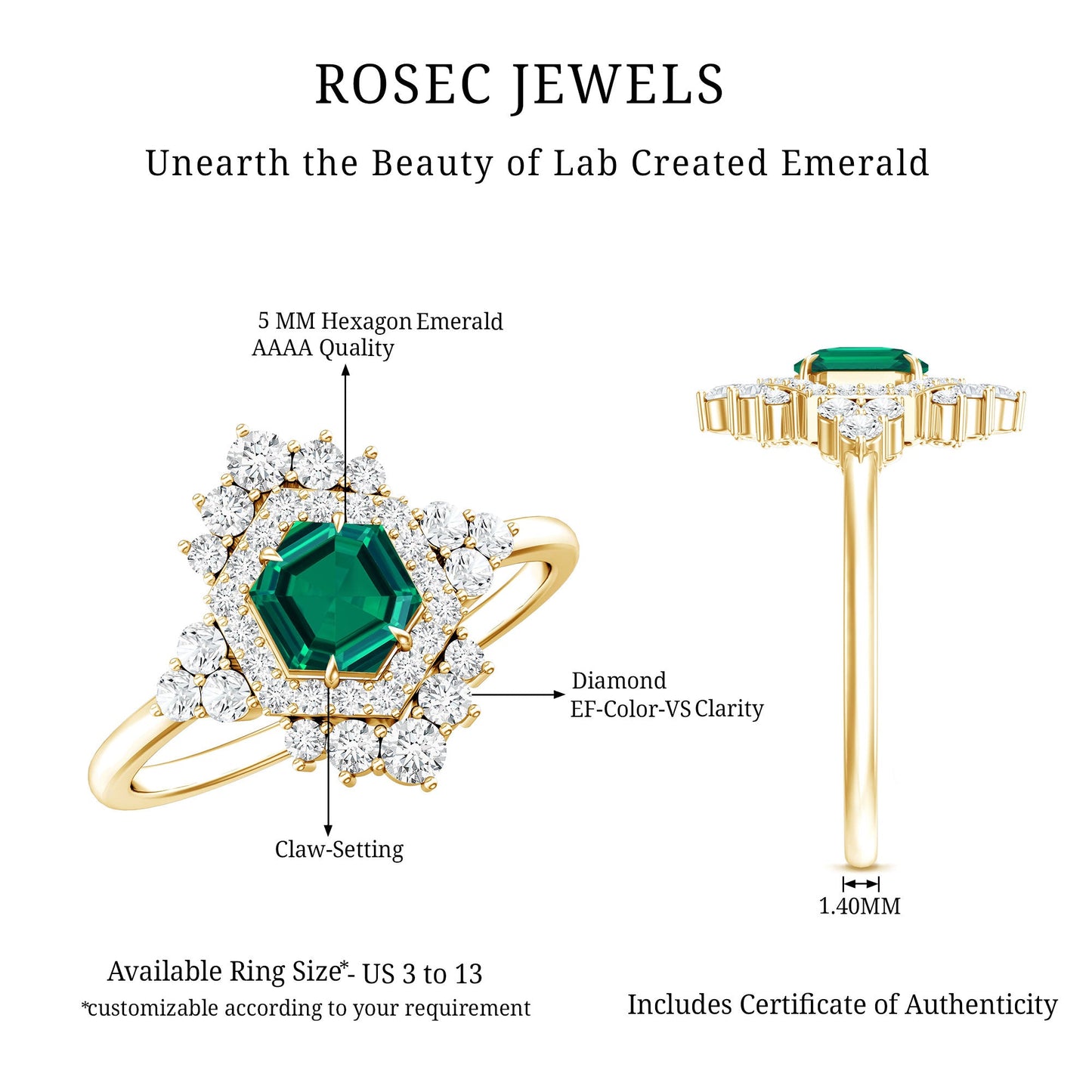 Lab Grown Emerald and Diamond Vintage Engagement Ring in Silver