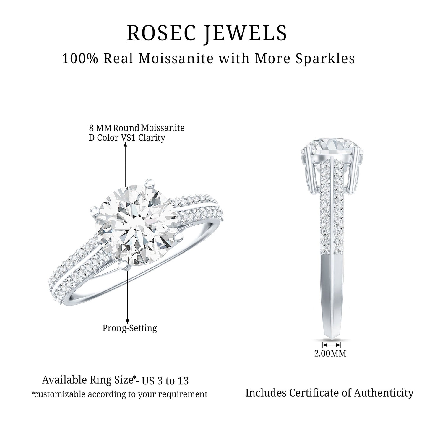 Womens 2 Carat Moissanite Engagement Ring with Side Stones