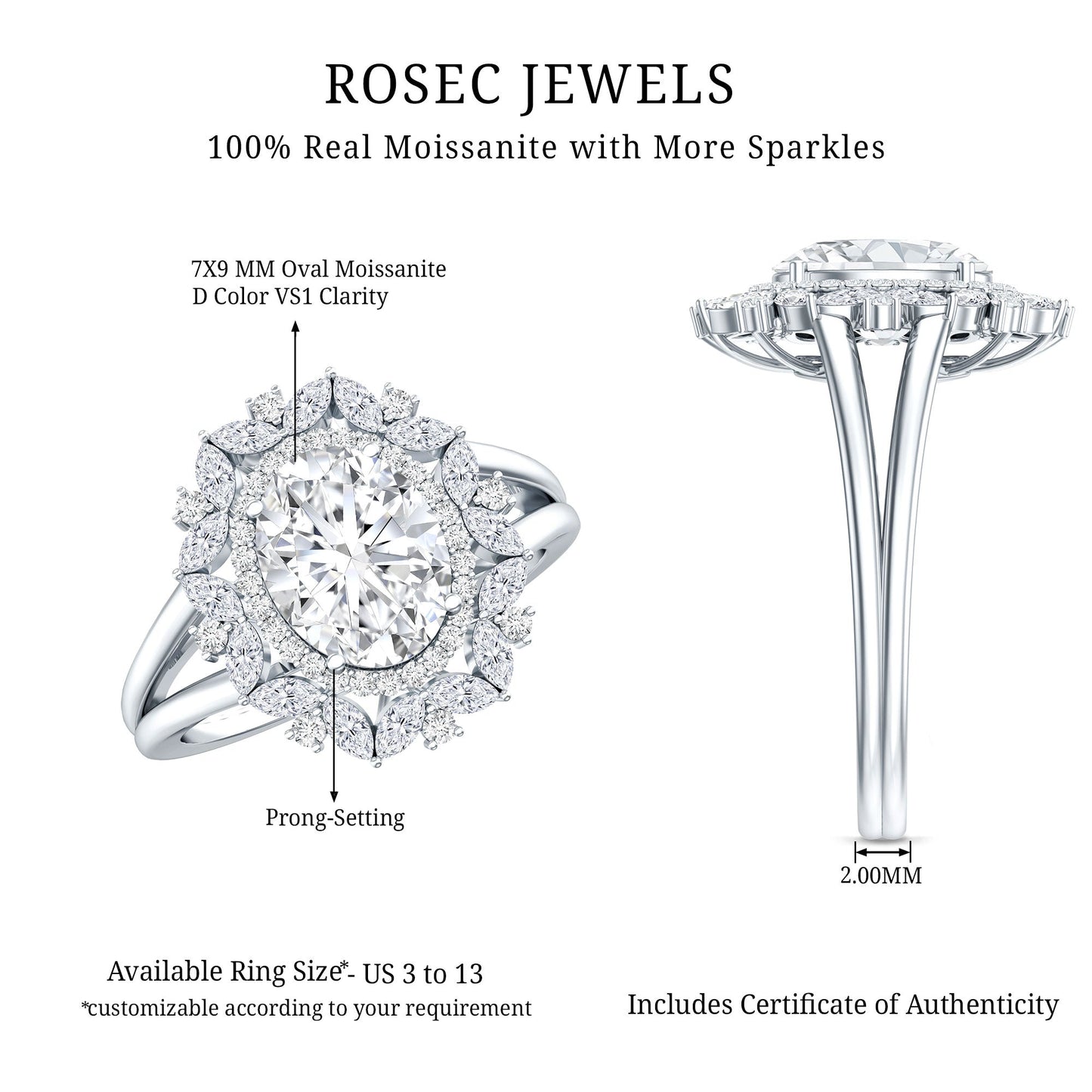 Certified 2 Carat Oval Moissanite Double Halo Engagement Ring