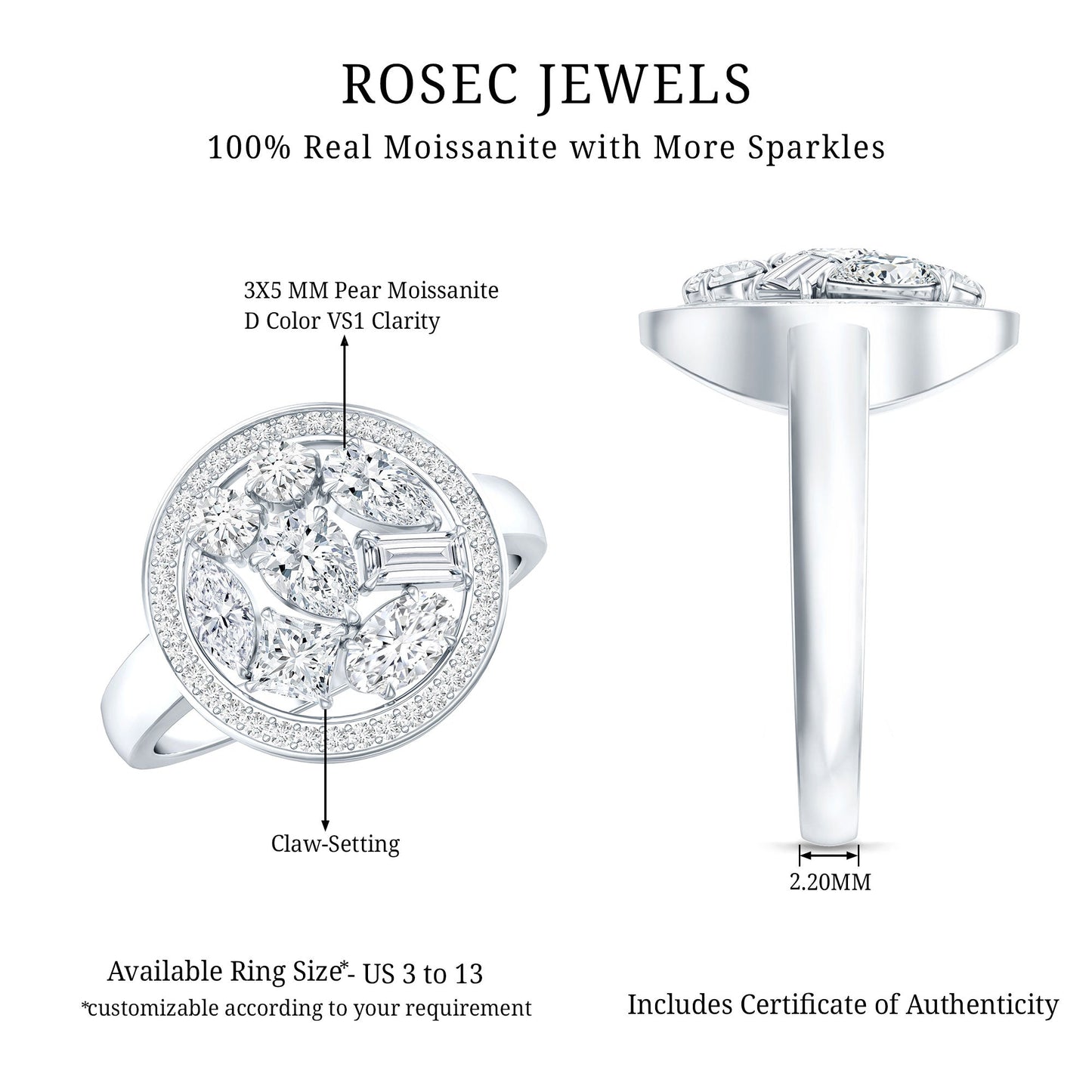 Sterling Silver Moissanite Cluster Engagement Ring for Women