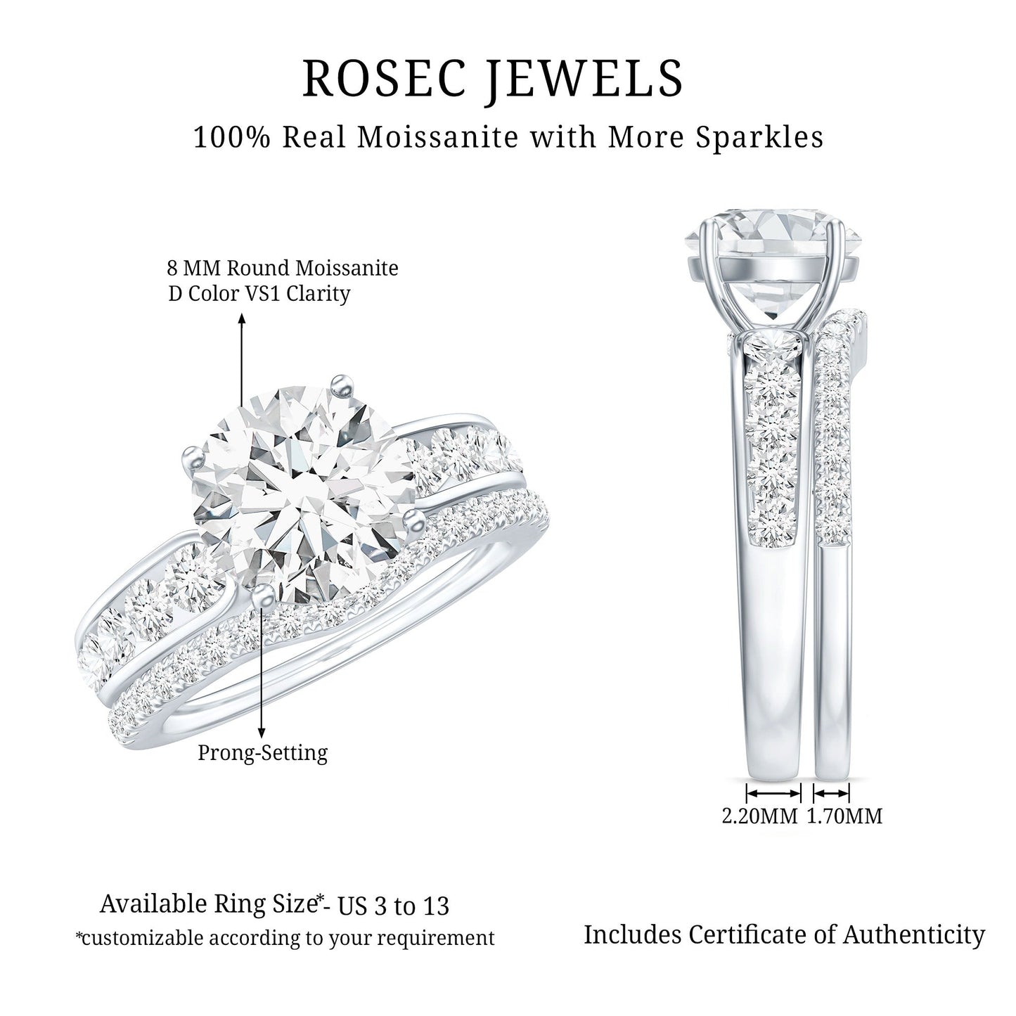 Certified 2 Carat Moissanite Engagement Ring with Wedding Band