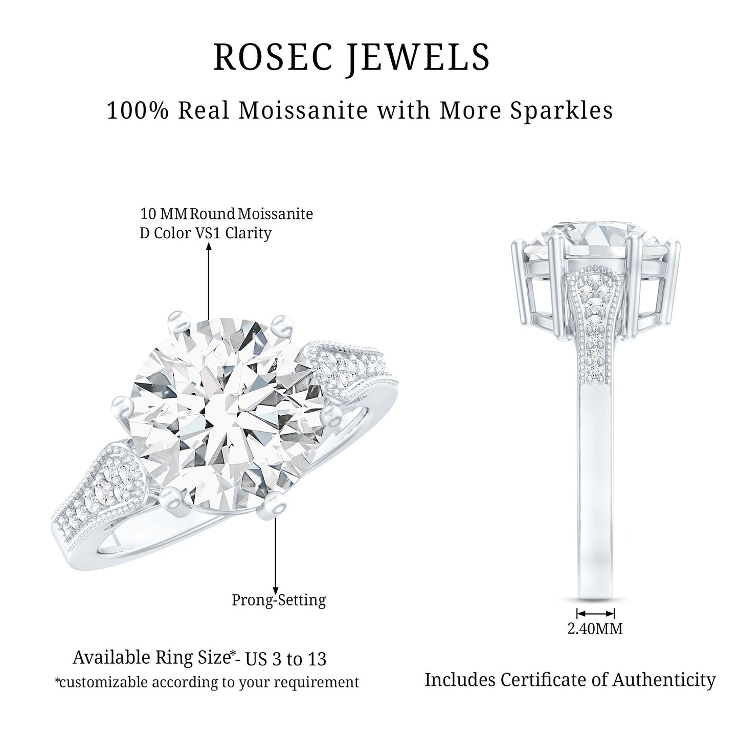 Certified 4.4 Carat Moissanite Round Engagement Ring in Silver
