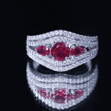 Designer Lab Created Ruby 3 Stone Engagement Ring With Moissanite