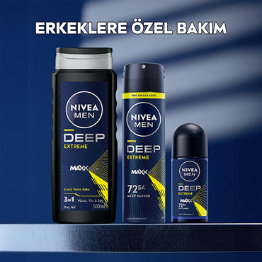 Nivea Men Deep Extreme Roll-on Deodorant for Active Men - Long Lasting Anti-Perspirant Protection, 72 Hours Sweat Control, Active Carbon Formula
