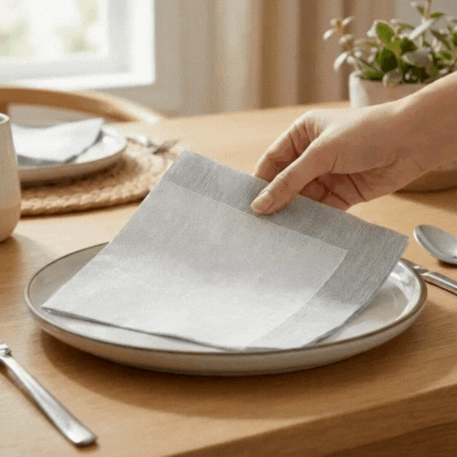 Luxenap Square White Paper Napkin - Air Laid, with Gray Threads - 15 3/4" x 15 3/4" - 25 count box