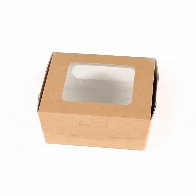 Cafe Vision 41 oz Rectangle Kraft Paper Large Bio Take Out Container - Two Windows - 5 1/4" x 6" x 2 1/2" - 200 count box