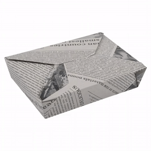 Bio Tek 49 oz Rectangle Newsprint Paper Bio Box Take Out Container - 8 1/2" x 6 1/4" x 2" - 50 count box
