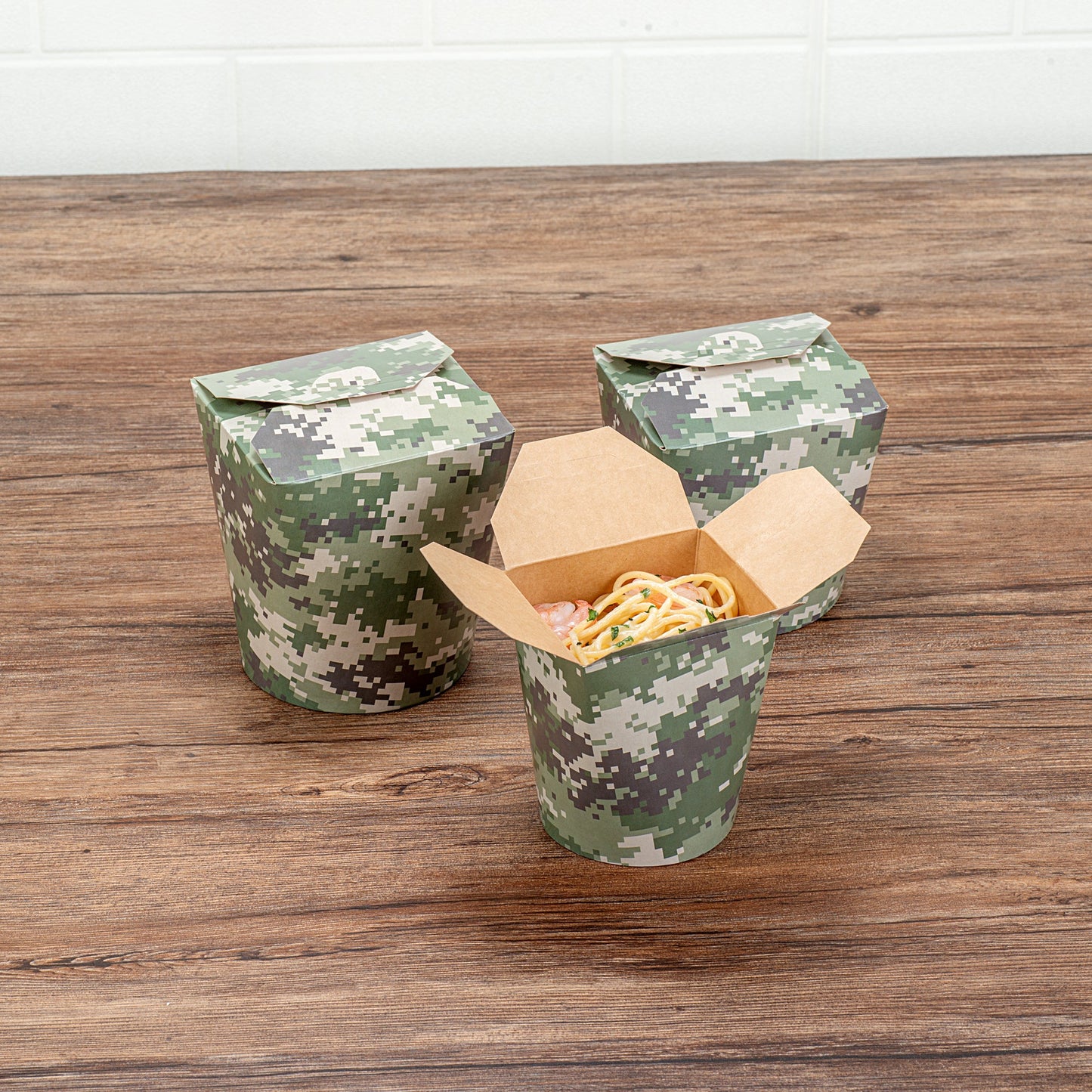 Bio Tek 16 oz Round Camouflage Paper Noodle Take Out Container - 3 1/4" x 3" x 4" -50 count box