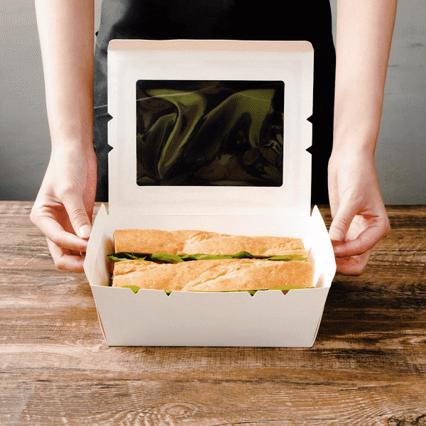 Cafe Vision 71 oz White Paper Large Take Out Container - Hinge Lock - 8 3/4" x 6 1/2" x 2 1/2" - 50 count box