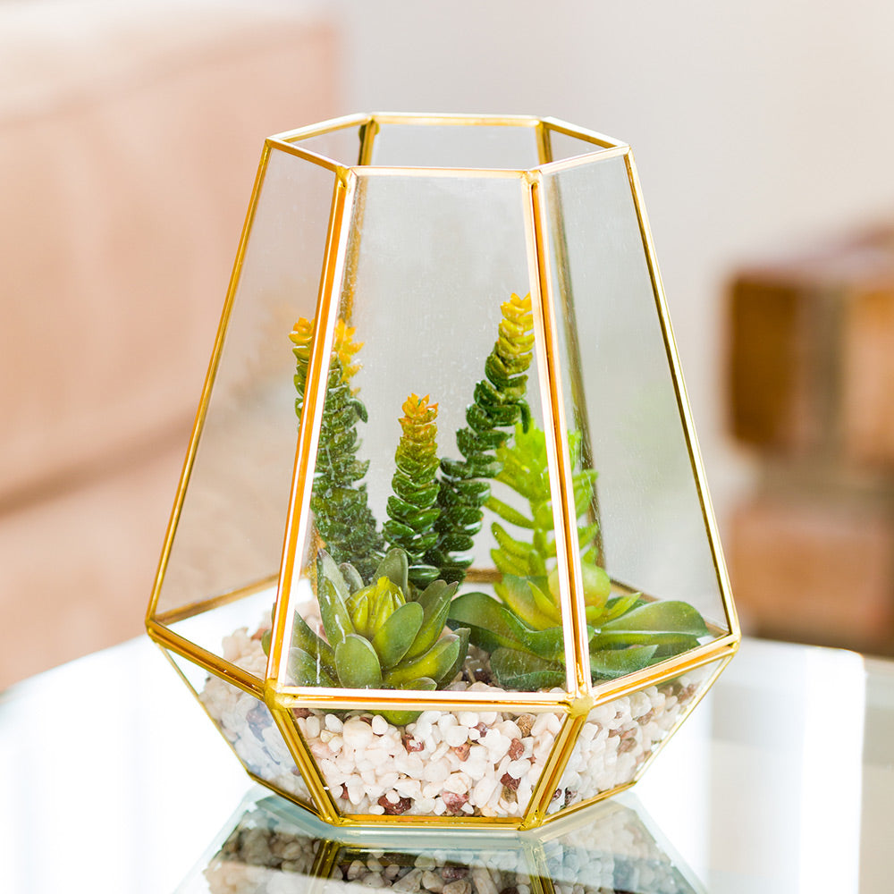 Plastic Table Art Faux Succulent Arrangement - Hexagonal Glass Terrarium, Bronze - 7" x 6 1/2" x 8" - 1 count box