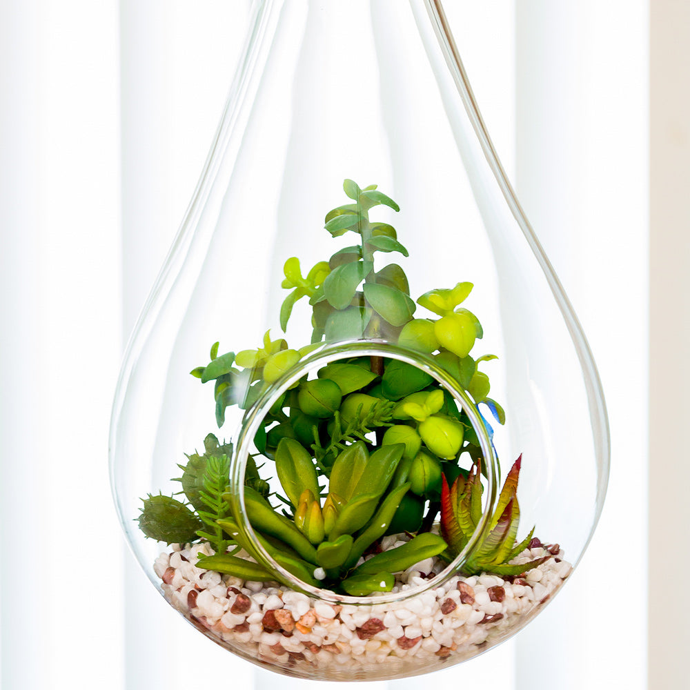 Plastic Table Art Faux Succulent Arrangement - Hanging Glass Terrarium, Knotted Hemp Rope - 7 3/4" x 7 3/4" x 12 1/2" - 1 count box