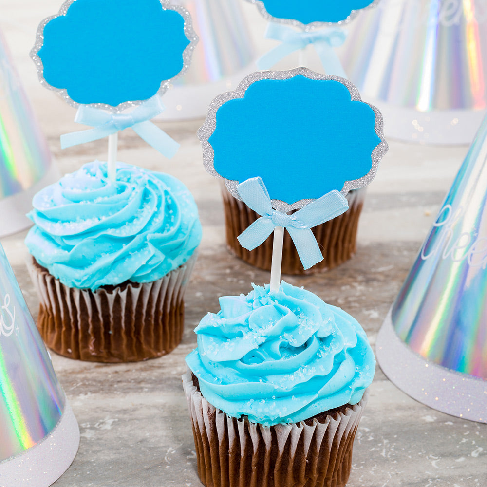 Top Cake Blue Paper DIY Personalized Cake Topper - Bow, Silver Glitter Rim - 4 1/2" x 2 1/2" - 10 count box