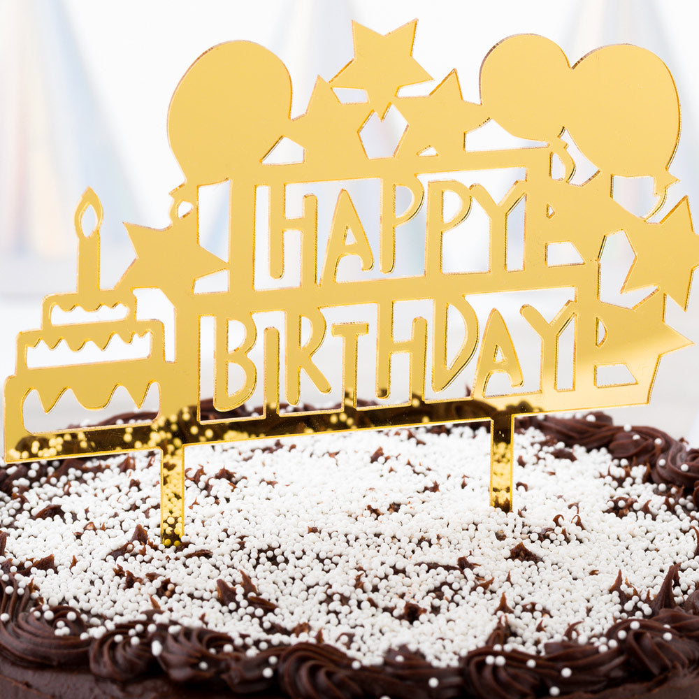 Top Cake Gold Acrylic Happy Birthday Cake Topper - Mirrored, Celebration - 5 3/4" x 5 1/4" - 1 count box