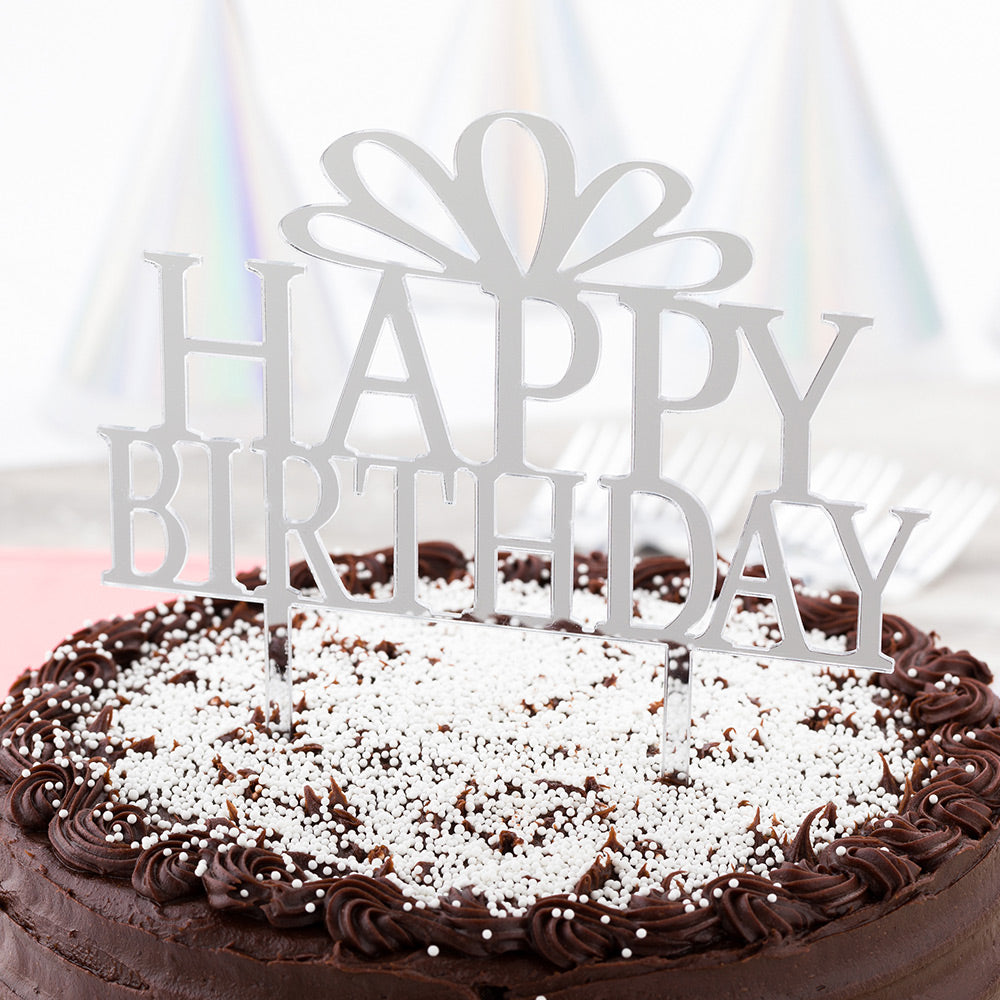 Top Cake Silver Acrylic Happy Birthday Cake Topper - Mirrored - 6" x 5 3/4" - 1 count box