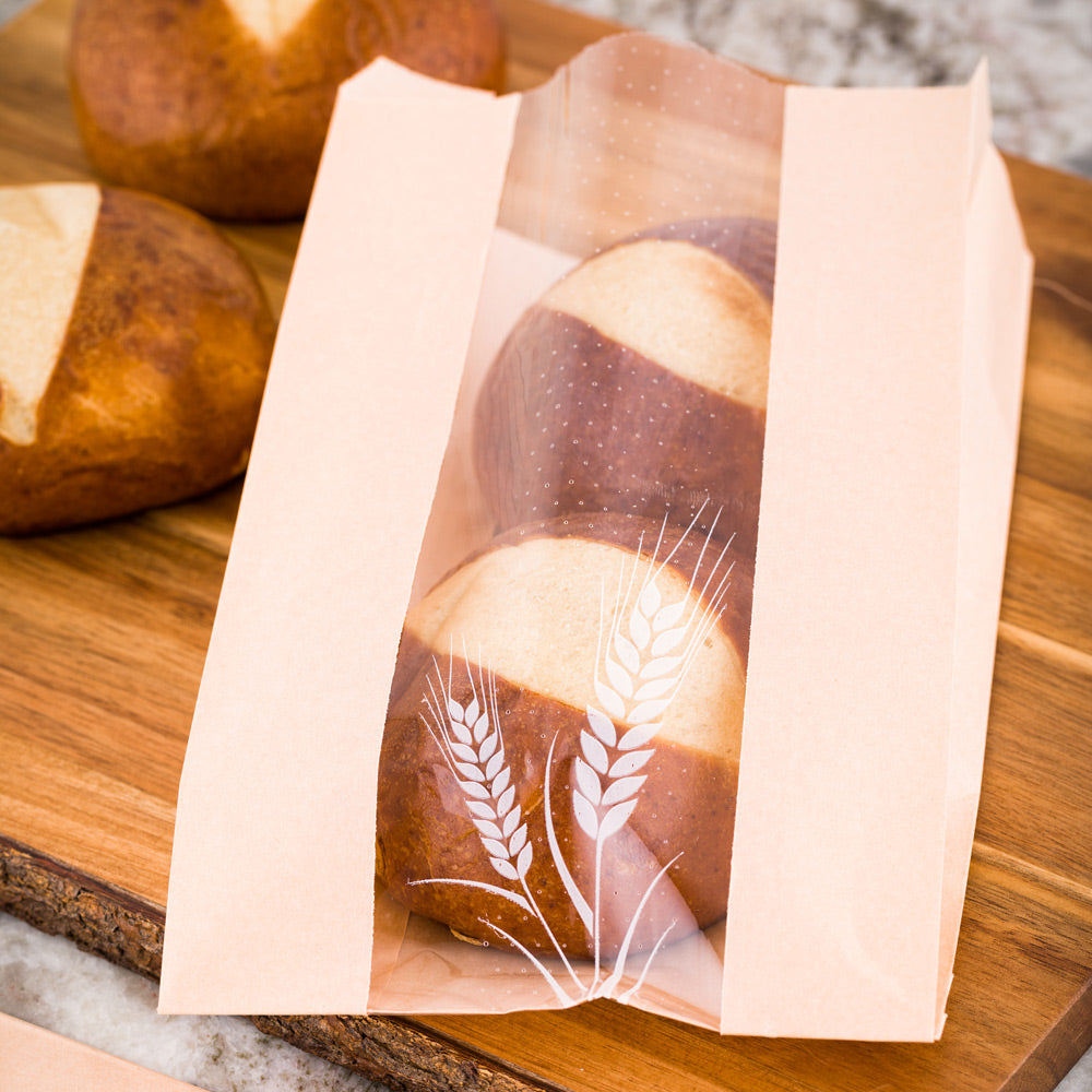Bag Tek Brown Paper Bread Bag - Micro-Perforated, Greaseproof, Wheat Pattern - 6" x 2 3/4" x 10" - 100 count box