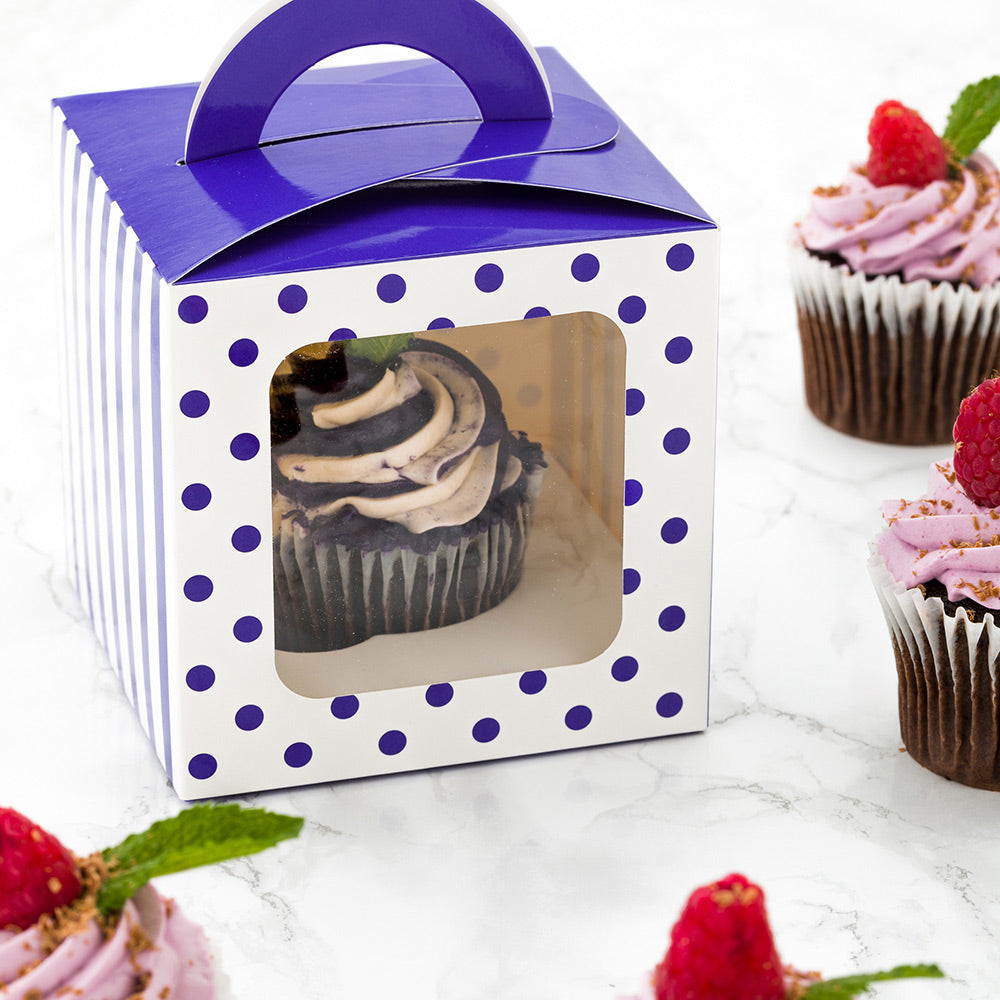 Pastry Tek Square Purple Paper Cupcake Window Box - Polka Dots, Fits 1 - 4 1/2" x 4 1/2" x 4 1/2" - 100 count box