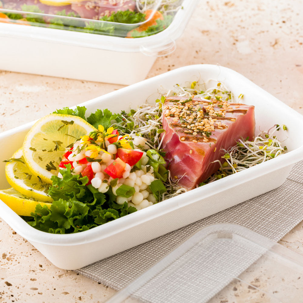 Pulp Tek 24 oz Rectangle White Sugarcane / Bagasse Container - 8 1/4" x 5 1/2" x 1 1/2" - 100 count box