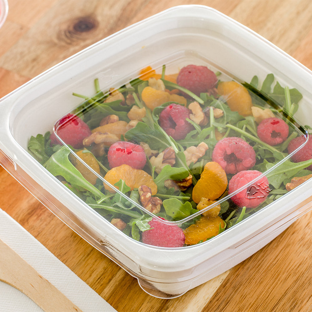 Pulp Tek Square Clear Plastic Flat Lid - Fits 24, 32 and 42 oz Bagasse Tall Bowl - 100 count box