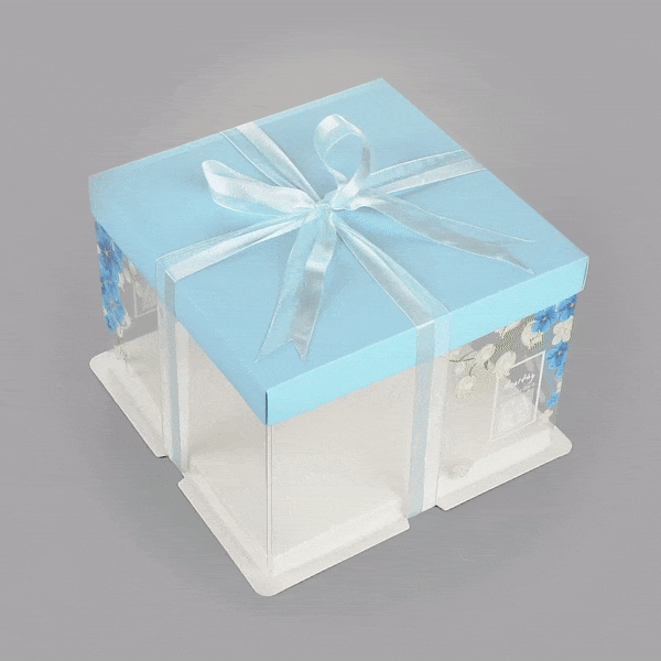 Sweet Vision Square Clear Plastic Cake Box - Blue Lid and White Base, Blue Ribbon, Flower Accent - 8 1/2" x 8 1/2" x 6 3/4" - 10 count box