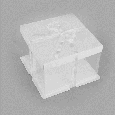 Sweet Vision Square Clear Plastic Cake Box - White Lid and White Base, Gray Ribbon, Lotus Accent - 8 1/2" x 8 1/2" x 6 3/4" - 10 count box