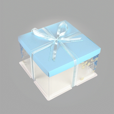 Sweet Vision Square Clear Plastic Cake Box - Blue Lid and White Base, Blue Ribbon, Flower Accent - 10" x 10" x 8 1/4" - 10 count box