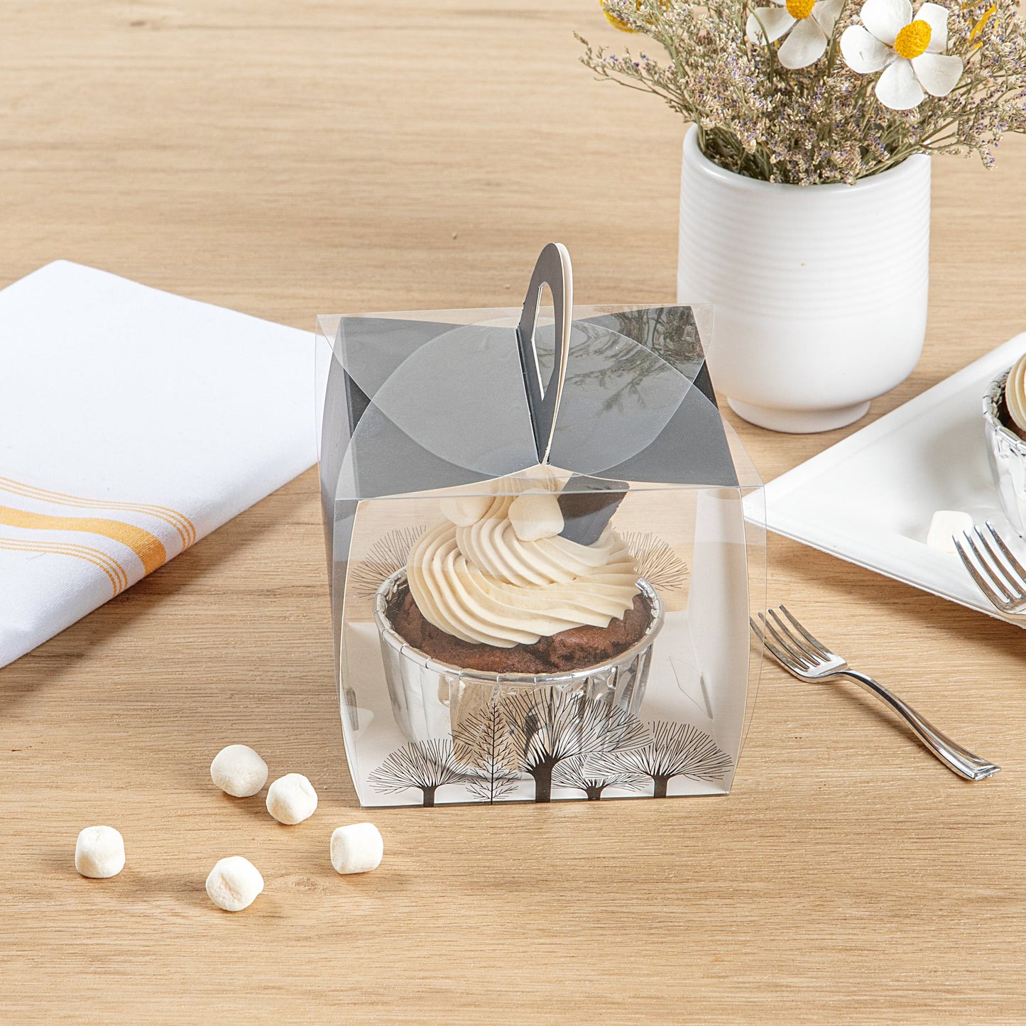 Sweet Vision Square Clear Plastic Cupcake Box - with Handle, Black Paper Wrap, Tree Accent - 4" x 4" x 4 1/4" - 100 count box