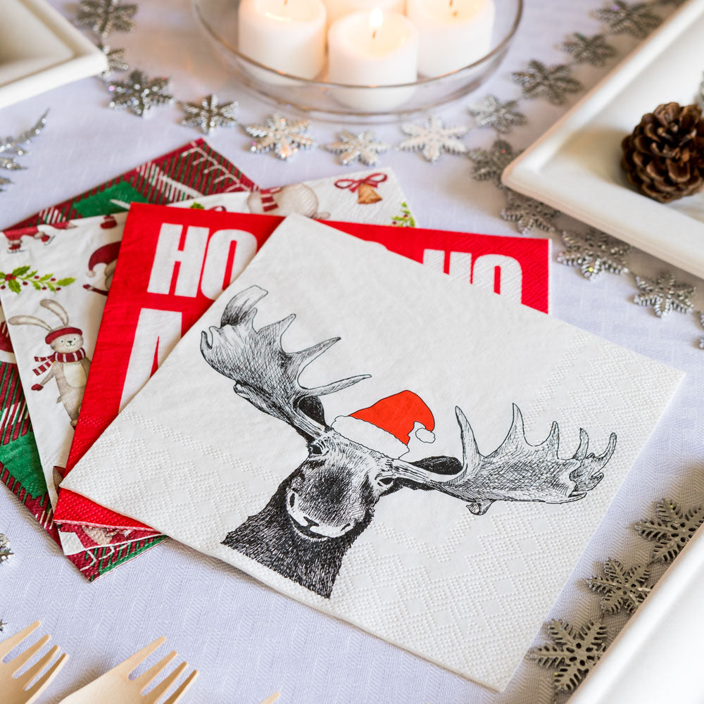 Luxenap White Paper Luncheon Napkin - Holiday Moose - 13" x 13" - 500 count box
