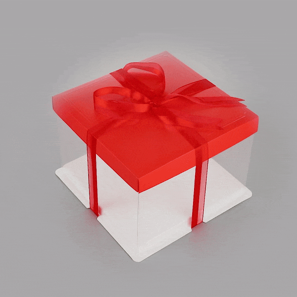 Sweet Vision Square Clear Plastic Cake Box - Red Lid and White Base, Red Ribbon - 8 1/2" x 8 1/2" x 6 3/4" - 10 count box
