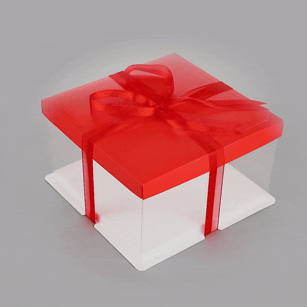 Sweet Vision Square Clear Plastic Cake Box - Red Lid and White Base, Red Ribbon - 10" x 10" x 8 1/4" - 10 count box