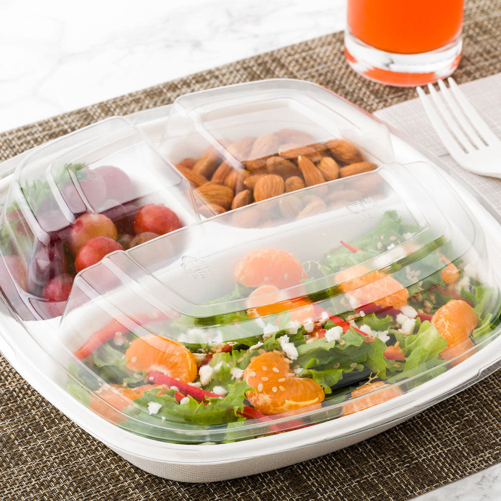 Pulp Tek Square Clear Plastic Dome Lid - Fits 3 Compartment Bagasse Salad Plate - 100 count box