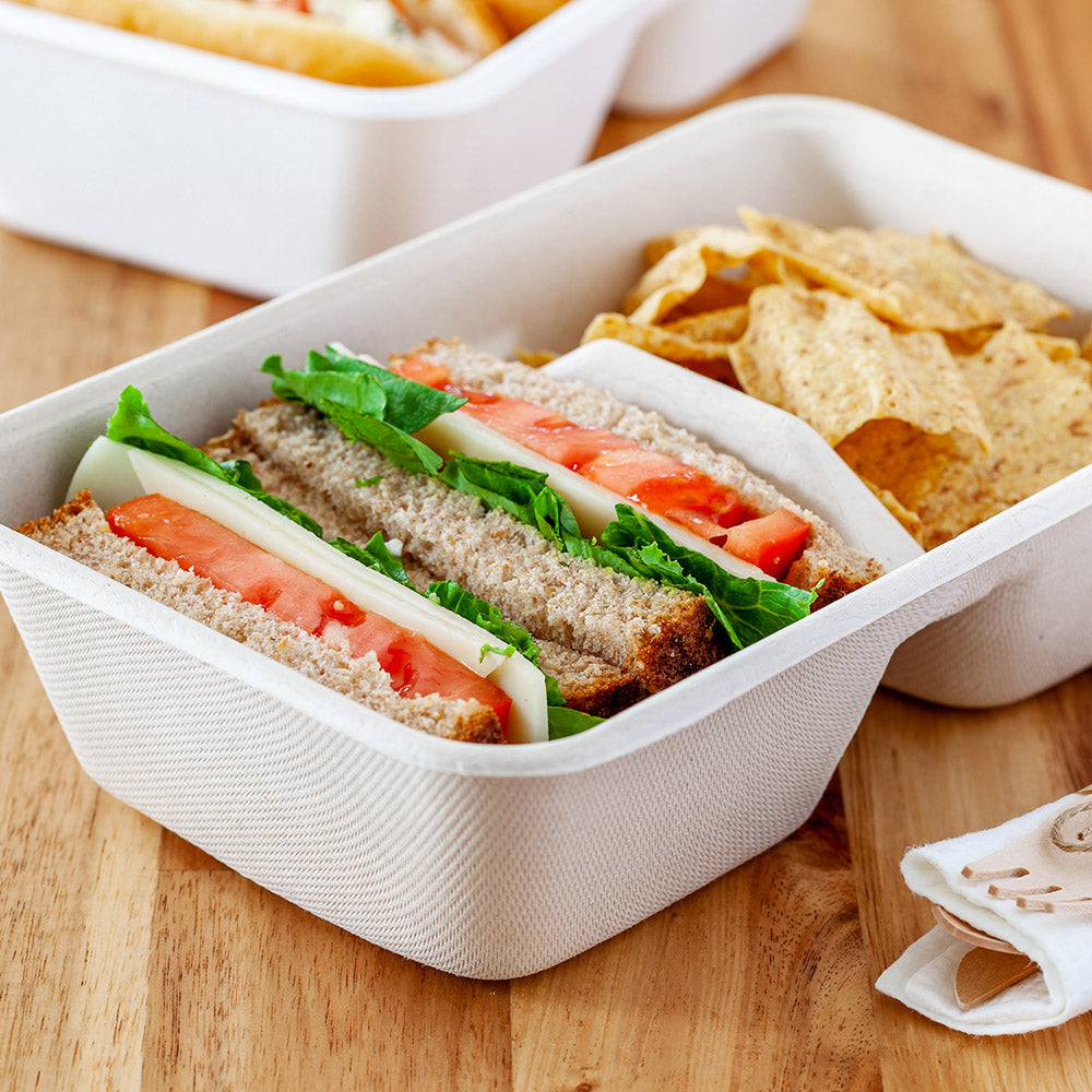 Pulp Tek 34 oz Rectangle Natural Sugarcane / Bagasse Take Out Container - 2-Compartment - 9" x 5 3/4" x 2 1/2" - 100 count box