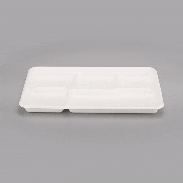 Pulp Tek Rectangle White Sugarcane / Bagasse Large Food Tray - 5 Compartments - 12 1/2" x 8 1/2" x 1" - 100 count box