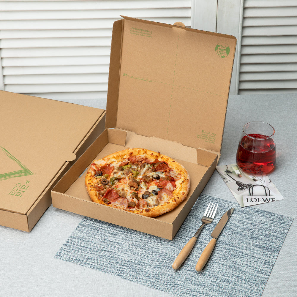 Eco Pie Kraft and Green Paper Corrugated Pizza Box - Repurpose for Plates - 12 1/2" x 12 1/2" x 1 3/4" - 50 count box