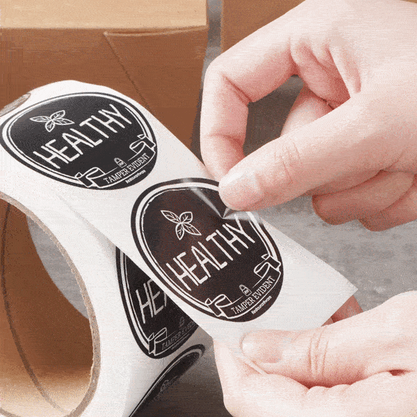 Label Tek Plastic Healthy Label - Black with White Font, Tamper-Evident - 2" x 2" - 500 count box