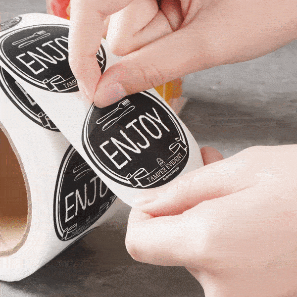Label Tek Plastic Enjoy Label - Black with White Font, Tamper-Evident - 2" x 2" - 500 count box