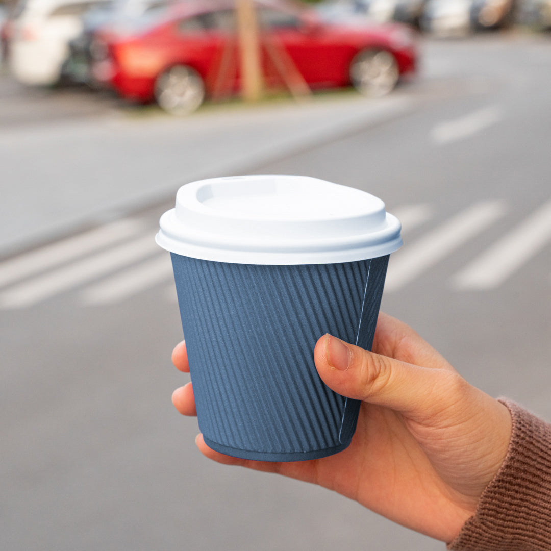 Restpresso 8 oz Midnight Blue Paper Ripple Wall Coffee Cup - with White Lid - 3 1/2" x 3 1/2" x 4" - 400 count box