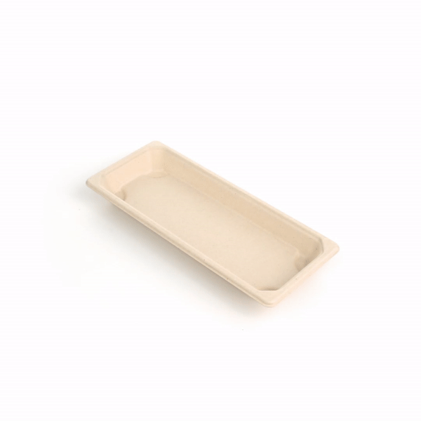 Pulp Tek Rectangle Natural Sugarcane / Bagasse Long Sushi Tray - 8 3/4" x 3 1/2" x 3/4" - 100 count box
