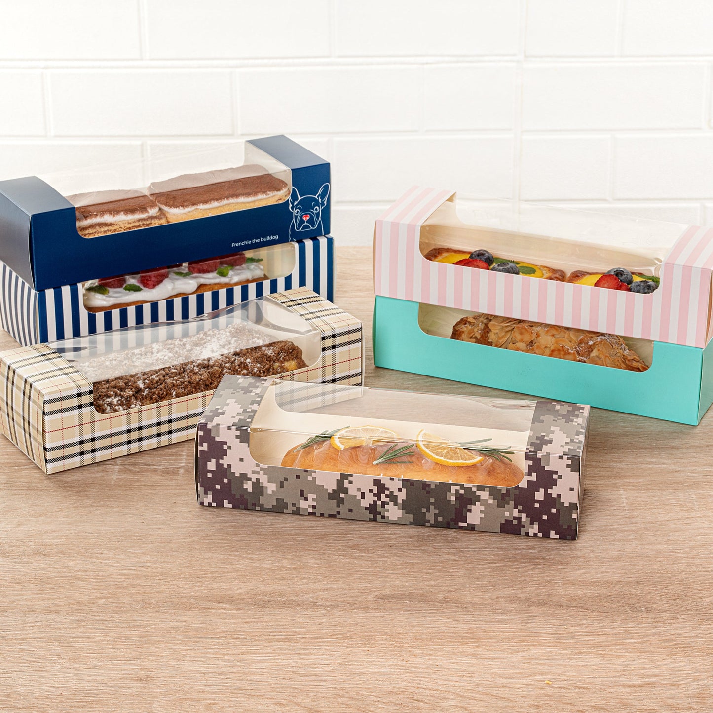 Pastry Tek Camouflage Paper Pastry / Cake Box - with Window - 9 3/4" x 3 1/4" x 2 1/4" - 100 count box
