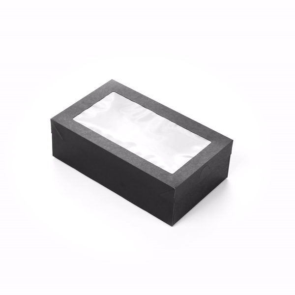 Cater Tek Rectangle Black Paper Catering Box - with Window Lid - 10 1/4" x 6" x 3 1/4" - 10 count box