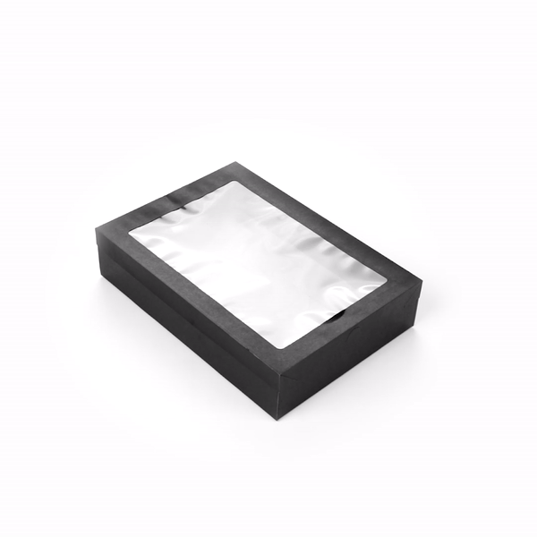 Cater Tek Rectangle Black Paper Catering Box - with Window Lid - 14 1/4" x 10" x 3 1/4" - 10 count box