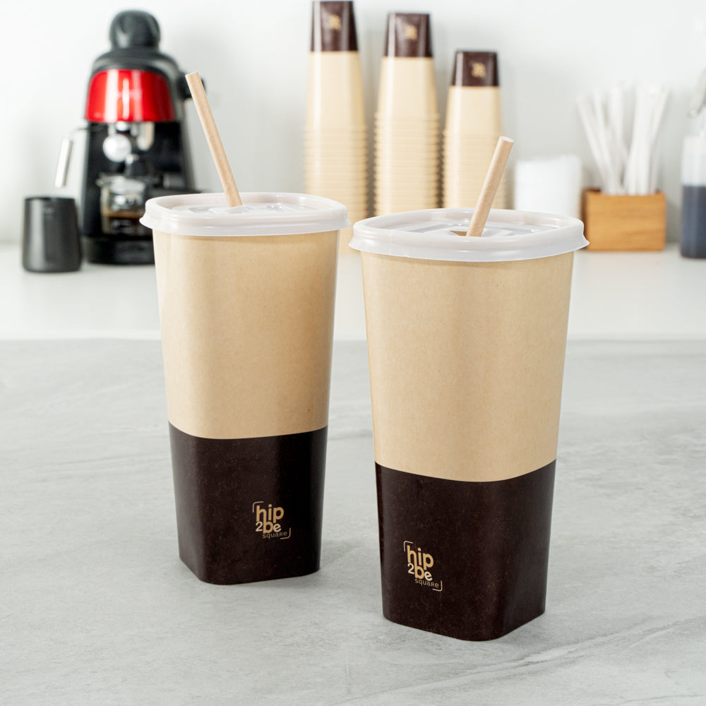 Hip 2 Be Square 22 oz Kraft and Brown Paper Hot / Cold Drinking Cup - Single Wall - 3 1/4" x 3 1/4" x 6 3/4" - 500 count box