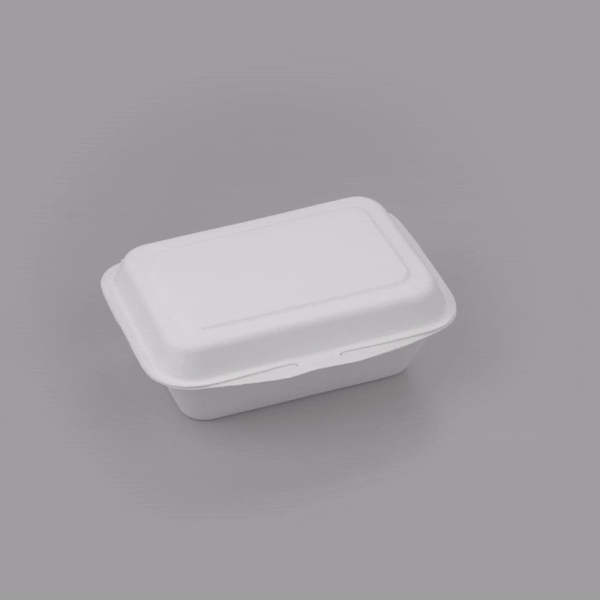Pulp Safe No PFAS Added 20 oz White Sugarcane / Bagasse Clamshell Container - Home Compostable - 7 1/4" x 5 1/2" x 2 1/2" - 100 count box