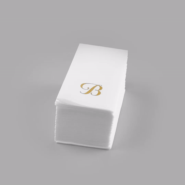 Luxenap Rectangle Gold Letter B White Paper Linen-Feel Guest Towel / Napkin - Air Laid, Cursive Font - 15 3/4" x 8" - 2000 count box