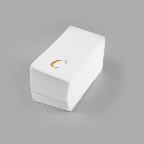 Luxenap Rectangle Gold Letter C White Paper Linen-Feel Guest Towel / Napkin - Air Laid, Cursive Font - 15 3/4" x 8" - 50 count box