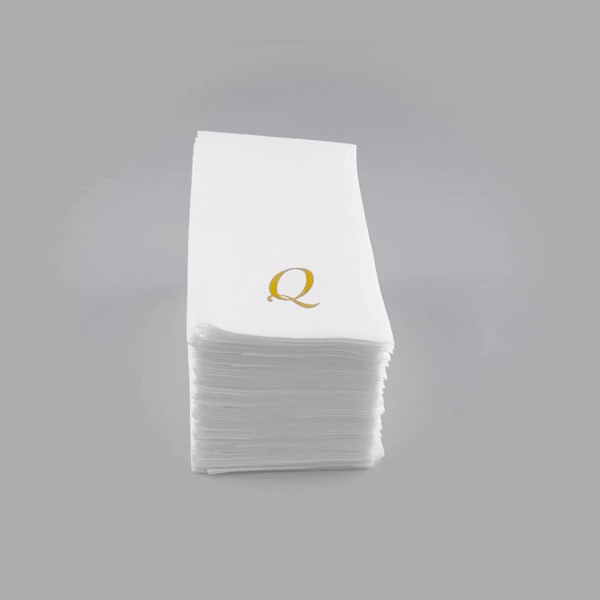 Luxenap Rectangle Gold Letter Q White Paper Linen-Feel Guest Towel / Napkin - Air Laid, Cursive Font - 15 3/4" x 8" - 50 count box