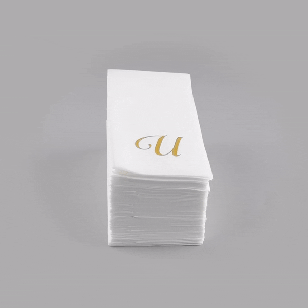 Luxenap Rectangle Gold Letter U White Paper Linen-Feel Guest Towel / Napkin - Air Laid, Cursive Font - 15 3/4" x 8" - 50 count box
