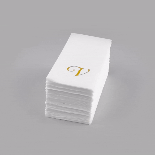 Luxenap Rectangle Gold Letter V White Paper Linen-Feel Guest Towel / Napkin - Air Laid, Cursive Font - 15 3/4" x 8" - 50 count box